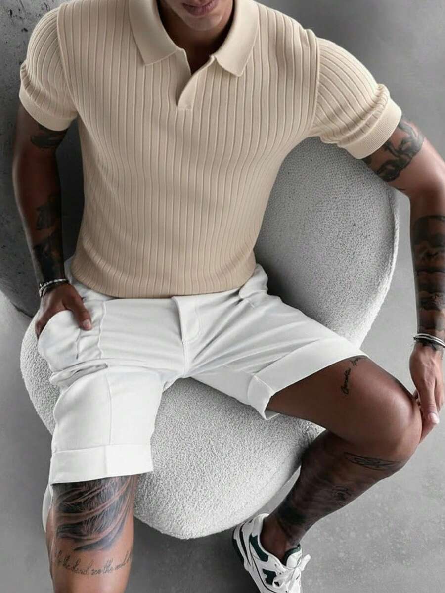 Men's Ribbed Airplane Collar Polo Knit Shirt, Short Sleeve, Summer Fashion - Apricot - View 1