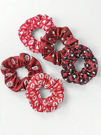 5pcs Valentine's Day Hair Scrunchies, Sweet Heart & Rose Print Satin Scrunchies, Elastic Hair Ties Suitable As Gift For Women ,Scrunchy Hair Ties