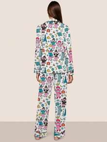 Women's Fall Winter Pajama Set, Fun Monkey Print, Button Front Long Sleeve Top, Elastic Waist Pants, Soft Stretch Fabric - trắng - Xem 2