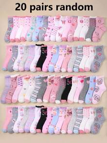 20双装柔软儿童圆领袜，兔子、蝴蝶结、爱心图案，女童袜，可爱卡通设计，舒适透气，柔软不勒脚，适合日常穿着（0-16岁），四季皆宜，儿童袜，女童袜，卡通袜 - 彩色 - 查看 12
