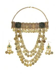 Vintage Exotic Bohemian Palace Ancient Gold Coin Multi-Layer Necklace, Hollow Alloy Exaggerated Tassel Bead Necklace, Tassel Coin Necklace, 3-Piece Set With Rhinestone Pendant Earrings - Ancient Coin Multi-layer Necklace Set - View 4