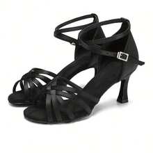 1双7厘米女士拉丁舞鞋，软底缎面材质，专业舞蹈学校表演鞋 - 黑色 - 查看 2