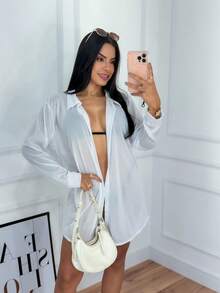 Women's Short Kimono Beach Cover-Up Simple Long Sleeve Shirt Women's Summer Fashion Without Button - 白色 - 查看 5