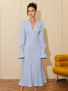 Đầm nữ màu trơn, nhẹ, cổ chữ V, tay dài, dáng đuôi cá, thanh lịch, thích hợp cho buổi tối, hẹn hò, du lịch, dự tiệc, kiểu abaya, công sở thường ngày. - Màu xanh nhạt - Xem 8