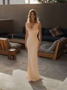 Basrey New Elegant Solid Color Waist Tie V-Neck Open Shoulder Mermaid Maxi Dress, Suitable For Weddings, Parties, Galas And Other Occasions Spring - Champagne - View 6