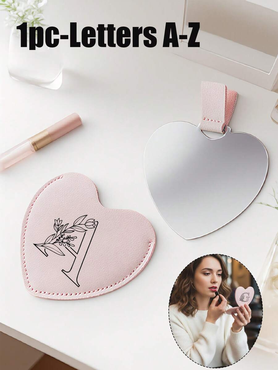 1个便携式可折叠心形化妆镜 - A-Z字母和迷你线条花朵黑色字母设计 | 不锈钢防震小巧简约美妆镜,旅行/桌面化妆必备 | 女士礼物 - 送给母亲和老师的最佳礼物,完美的周年纪念日/情人节礼物和返校必备 - 彩色 - 查看 1