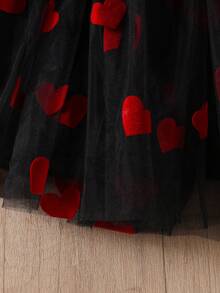 2pcs/Set Young Girl' Bubble Collar Short Sleeve Top And Heart Net Mesh Skirt Set, Spring/Summer