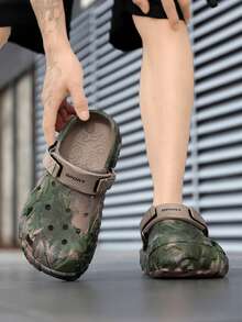男士镂空套脚凉鞋，棕榈树图案，包头设计，加厚EVA软底，透气防滑，宽松两穿，适合户外、海滩、通勤等多种场合，卡其绿色，夏季拖鞋 - 卡其色 - 查看 5