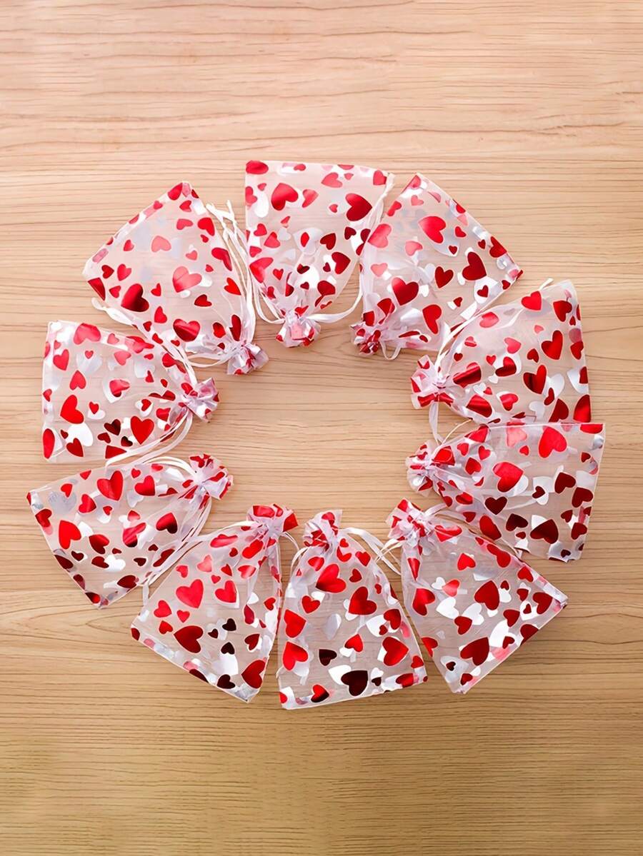 50pcs Heart-Shaped Organza Gift Bags With Drawstring - Perfect For Jewelry, Cosmetics And Valentine's Day Gifts, Suitable For Christmas