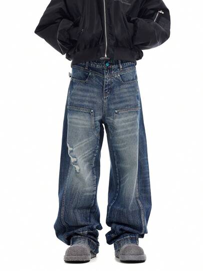 American-Style Niche Design Distressed Water Ripple Blue Denim Jeans, Unisex Edgy Patchwork Straight-Leg Casual Pants