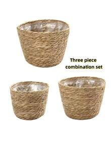 Vaso redondo artesanal em estilo boêmio (1/3 peças) | Material absorvente, com forro plástico, decoração para jardim interno e externo, ideal para plantas de pequeno e médio porte. - amarelo palha - Ver 13