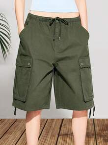 Womens Denim Cargo Shorts Summer Fashionable Drawstring Loose Knee Length Jean Shorts With Pocket - 軍綠色 - 查看 3