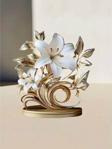 2D Acrylic Floral Desktop Decor, Blooming Lily Design With Golden Leaves And Stamens | Suitable For Living Room And Office | Bohemian Style | Ideal Gift For Holidays And Birthdays - Multicolor - View 6