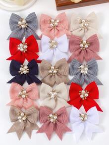 8pcs Vintage Textured Fabric Bow Pearl Rhinestone Barrettes, Cute Girl's Hair Clips, Suitable For Daily Wear And Party, Autumn/Winter - Multicolor - View 5