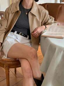 Women's Retro Casual Commuter Versatile PU Leather Jacket, Korean Design, Autumn/Winter - Khaki - View 2