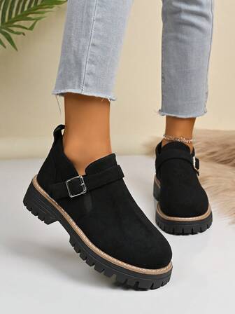 大码女式时尚纯色搭扣厚底鞋