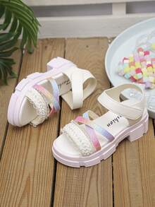 1 Pair Kids Thick Sole Sandals, White, Decorated With Colorful Rhinestones, Soft Nappa PU Leather Material - Multicolor - View 4