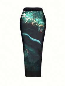Women Plus Size Fashion Casual Starry Sky Digital Print One-Piece Swimsuit With Sarong Skirt Two-Piece Set - Màu xanh lá cây đậm - Xem 6