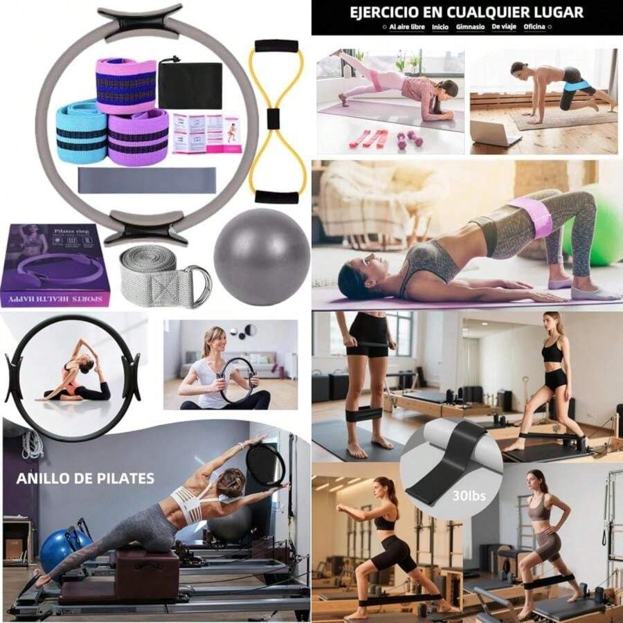 Equipo de Pilates para Entrenamiento en Casa - 11 Piezas Pilates Kit con Pelota de Yoga 25cm,Bandas de Resistencia y Aro de Pilates - para Pilates en Casa,Yoga y Ejercicio en Hogar(Gris) - Multicolor - Ver 1
