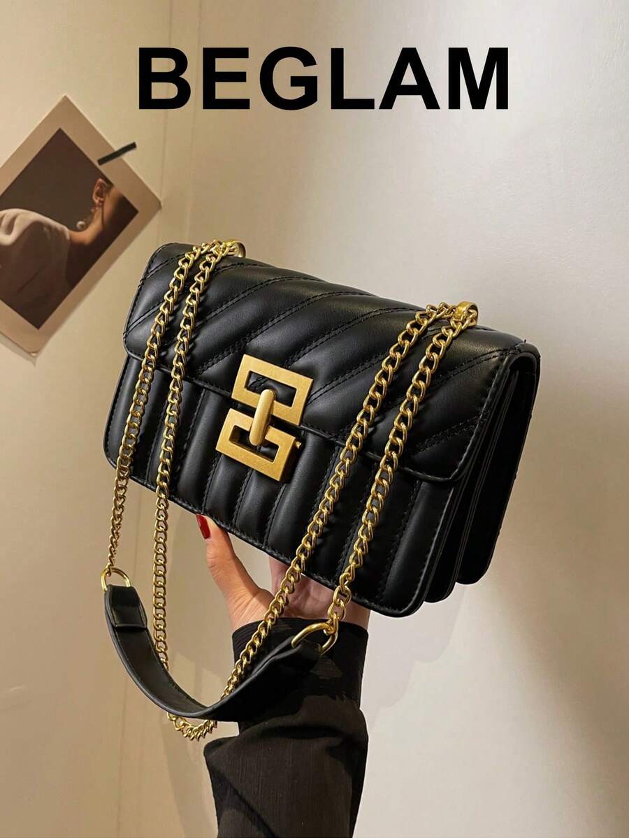Minimalist Metal Decor Chain Shoulder Bag, Elegant PU Crossbody Bag, Flap Shoulder Bag, Women's Fashion Handbag & Phone Pouch - Black - View 1