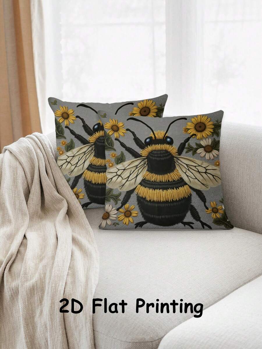 2Pcs Imitation Embroidery Laughing Goat Bee Flower Bigfoot Forest Full Moon Pattern Pillow Cover Farmhouse Pillow Cover Decoration Home Square Sofa Living Room Bedroom Bed Sofa Chair Cushion Cover Universal For All Seasons (No Filling) - Multicolor - View 1