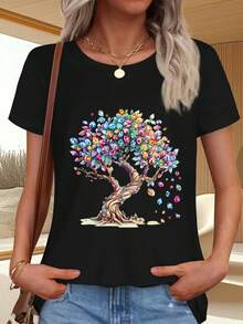Camiseta Negra con Estampado de Árbol de Gemas Coloridas para Mujer Moda Casual Verano - Negro - Ver 1