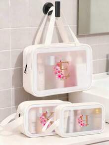 1个花卉字母A-Z旅行化妆包，大容量PU化妆包，护肤品和洗漱用品收纳袋，口红和化妆品收纳袋，防水家用医疗包，便携高端旅行包，简约优雅双色多隔层收纳包，适合女性、学生、旅行者，可作为礼物送给朋友、同学、老师、母亲、姐妹，生日、节日礼物 - 白色 - 查看 2