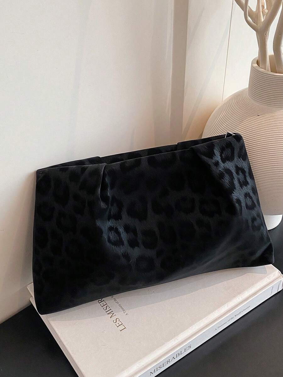 Leopard Print Envelope Bag, Vintage Style Niche Design Fashion Handbag For Women - Black - View 1
