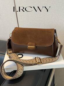 Women's Square Bag, Fashionable Minimalist Elegant Suede With PU Leather Flap Crossbody Bag - Coffee - View 1