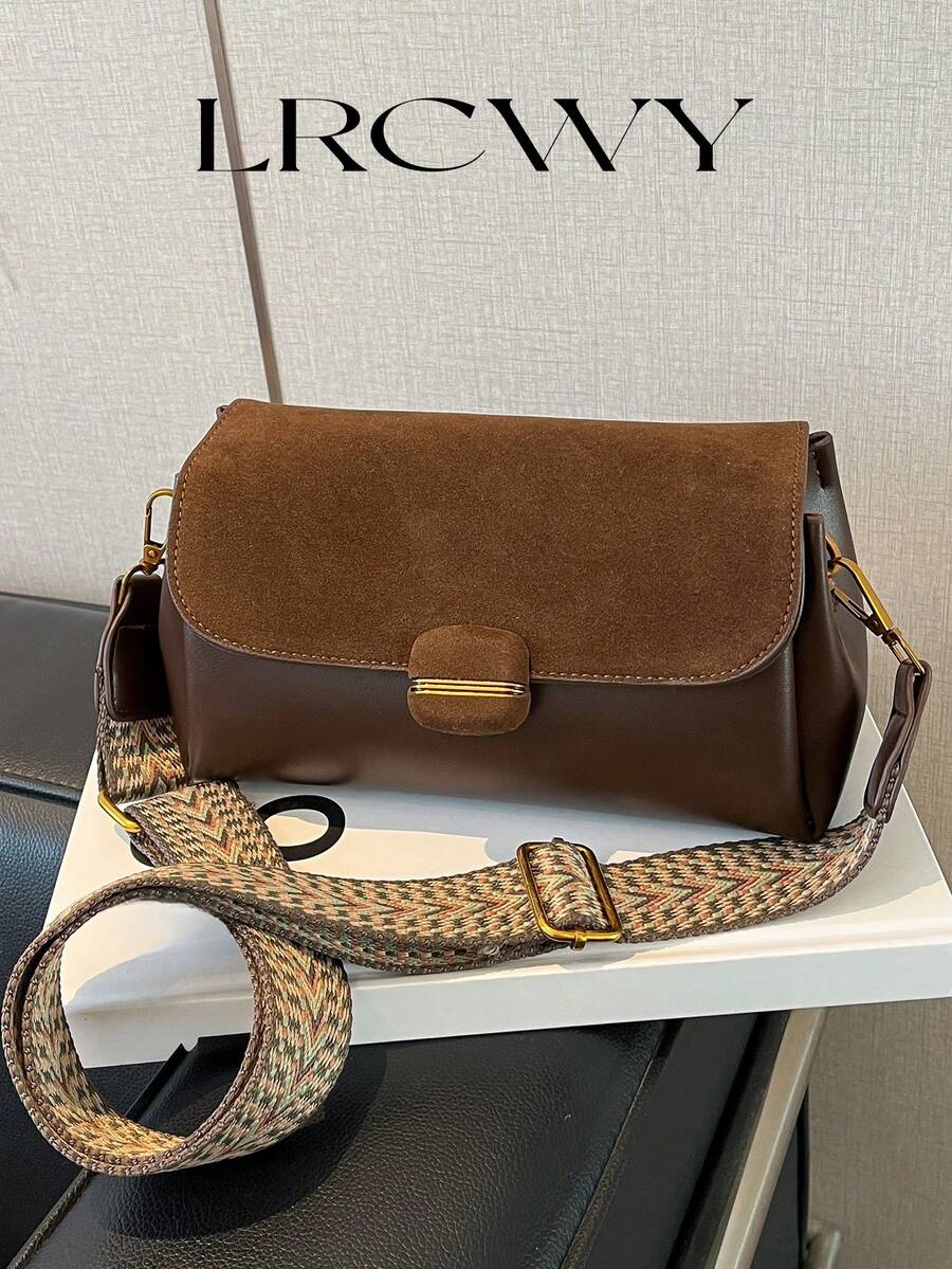 Women's Square Bag, Fashionable Minimalist Elegant Suede With PU Leather Flap Crossbody Bag - Coffee - View 1