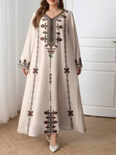 فستان ماكسي طويل بأكمام طويلة وطبعات عتيقة فضفاض مقاس كبير بياقة على شكل حرف V، مناسب لجميع المواسم