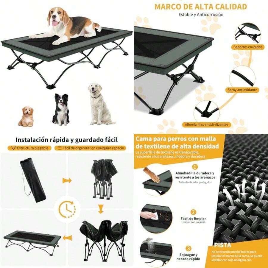 Kokila Cama Elevada Plegable para Perro Grande (116x60x25cm), Malla Transpirable Teslin + Marco Metálico, Montaje Rápido Sin Herramientas, Incluye Bolsa, Uso Interior/Exterior, Antideslizante -(Gris) - Multicolor - Ver 1
