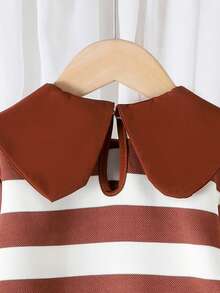 2 件套女婴优雅可爱彼得潘领条纹长袖运动衫 + 裤子套装，轻便，适合春秋季 - 咖啡棕 - 查看 6