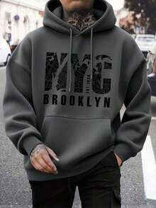 Preppy Lettering Men's Casual Street Hoodie, Drawstring Pocket, Slogan Print, Spring/Autumn, Long Sleeve TopLoose And Comfortable,Casual And Easy-Goin,Valentine's Day Hoodie For Couples,New Years Outfit Women - 深灰色 - 查看 6
