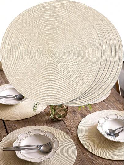 4/6 piezas Manteles individuales redondos de 15 pulgadas de color marfil tejidos - Impermeables, duraderos, antideslizantes, resistentes al calor, adecuados para comedor, cocina, oficina, picnic al aire libre, decoración de fiestas, bodas, regalos de inauguración de casa y talla grande