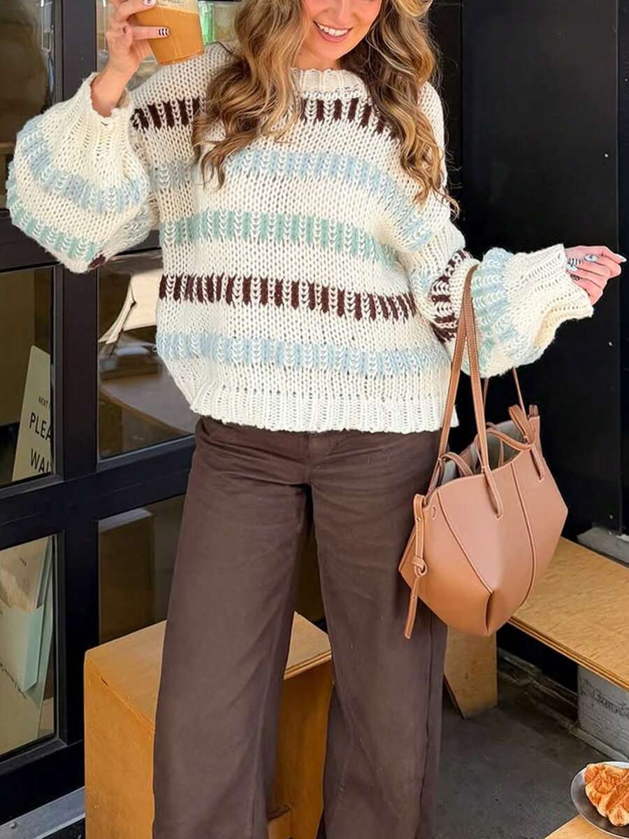 Women's Color-Block Striped Top, Round-Neck Long-Sleeve Sweater, Casual And Fashionable Streetwear, Popular In Autumn And Winter, Fall Office, Women's Outwear Tops, Women's Pullover Shirts,Christmas For Women