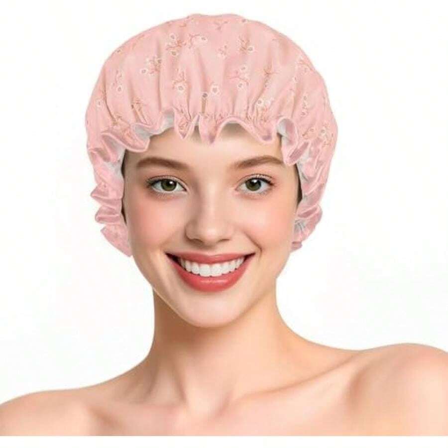 IEOVIEE Gorrito para bañarte de Mujer, Gorro de Baño Impermeable Doble Capa con Diseño Florido Único, Reutilizable para Pelo Largo, Corto o Rizado(Rosa - Fresco) - Multicolor - Ver 1