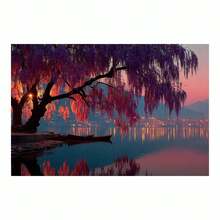[2D Flat Canvas Wall Art]  Large Canvas Art  1Pc Framed Ready To Hang 2D Flat Purple Tree & Boats Lake Canvas Wall Art, Prints, Posters, Mural, Wall Decor, Room Decor Aesthetic, Wrapped Framed Canvas Print, Home Decor, Living Room Office Decor, Canvas Artwork For, Canvas Decorative Painting - Cozy Lake Sunset Scene, Warm Modern Style, Brings Comfort To Interiors, Suitable For Living Room, Bedroom, Kitchen, Perfect For Adults Who Enjoy Relaxing, Colorful Decor  Canvas Wrapped Inner Frame - Màu tím - Xem 5