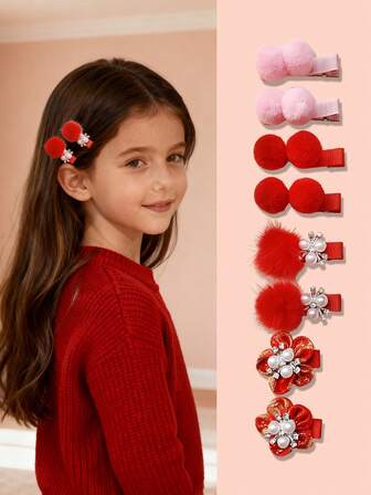 2个儿童毛绒球珍珠花朵侧夹，可爱毛绒鸭子夹，红色，儿童发饰礼盒套装，适合日常使用