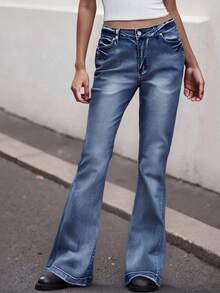 Y2K Vintage Low Waist Flare Jeans for Women Fashionable Casual Going Out Jeans Trendy Denim Bell Bottom Pants - Lavado ligero - Ver 2