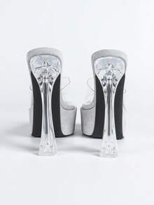 European & American Fashion Model Hotel Nightclub Stilettos, Transparent Crystal Women's High Heels, Catwalk Pole Dancing Shoes, Asymmetric & Chunky Heel Slides - Silver - View 6