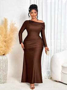 BIUBIU Autumn & Winter Plus Size Women's Asymmetric Shoulder Long-Sleeve Mermaid Maxi Dress, Sexy Party Casual Vacation Style Brown Shiny Fabric One-Shoulder Gathered Off-Shoulder Collar Front Slit Ruffle Knit Long Skirt, Christmas Outfit Women/Party Dress/New Year Women's Outfit