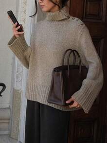 Women's Solid-Color Tops, Long-Sleeved Button Detail Pullover Sweater, Casual Streetwear, Popular In Autumn And Winter, Versatile For All Occasions, Work,Thanksgiving,Christmas Sweater