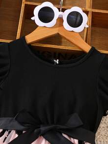 女童休闲时尚针织短袖蝴蝶植绒网纱连衣裙，节日派对礼物 - 粉色 - 查看 3