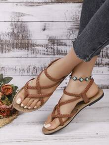 New Fashion Flip Flops - Slip-On Comfortable Thick Padded Sole, Woven Upper With Plastic Sole, All-Season Casual Shoes, Comfortable Slippers,Spring Summer Outfits - Brown - View 3