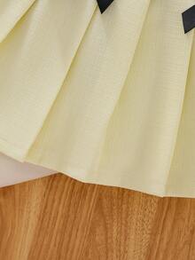 Girls' Beige V-Neck Bow Dress Set, Autumn School Style Skirt Set, Sweet Korean Style Children Dress - Beige - View 8