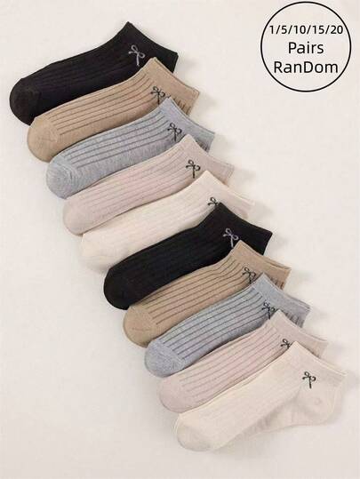 1/5/10/15/20 双装女士袜子，随机5种颜色条纹蝴蝶结设计，休闲短袜，适合户外运动