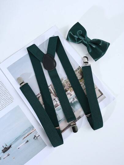 Bộ 2 dây đeo quần bằng polyester trơn màu đa năng thời trang dành cho nam và bộ nơ bằng polyester thời trang, thích hợp cho đám cưới, lễ cưới và trang phục hàng ngày