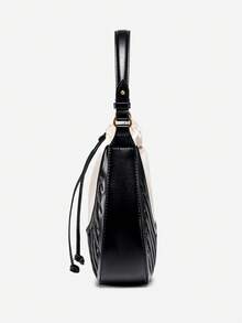 Fashionable Autumn/Winter Hollow Out One Shoulder Crossbody Bag, Vintage Versatile Travel Contrast Color Large Capacity Canvas Tote - Black - View 6