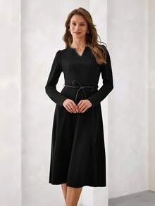 SHEIN Clasi V领长袖收腰优雅女式连衣裙 - 黑色 - 查看 5